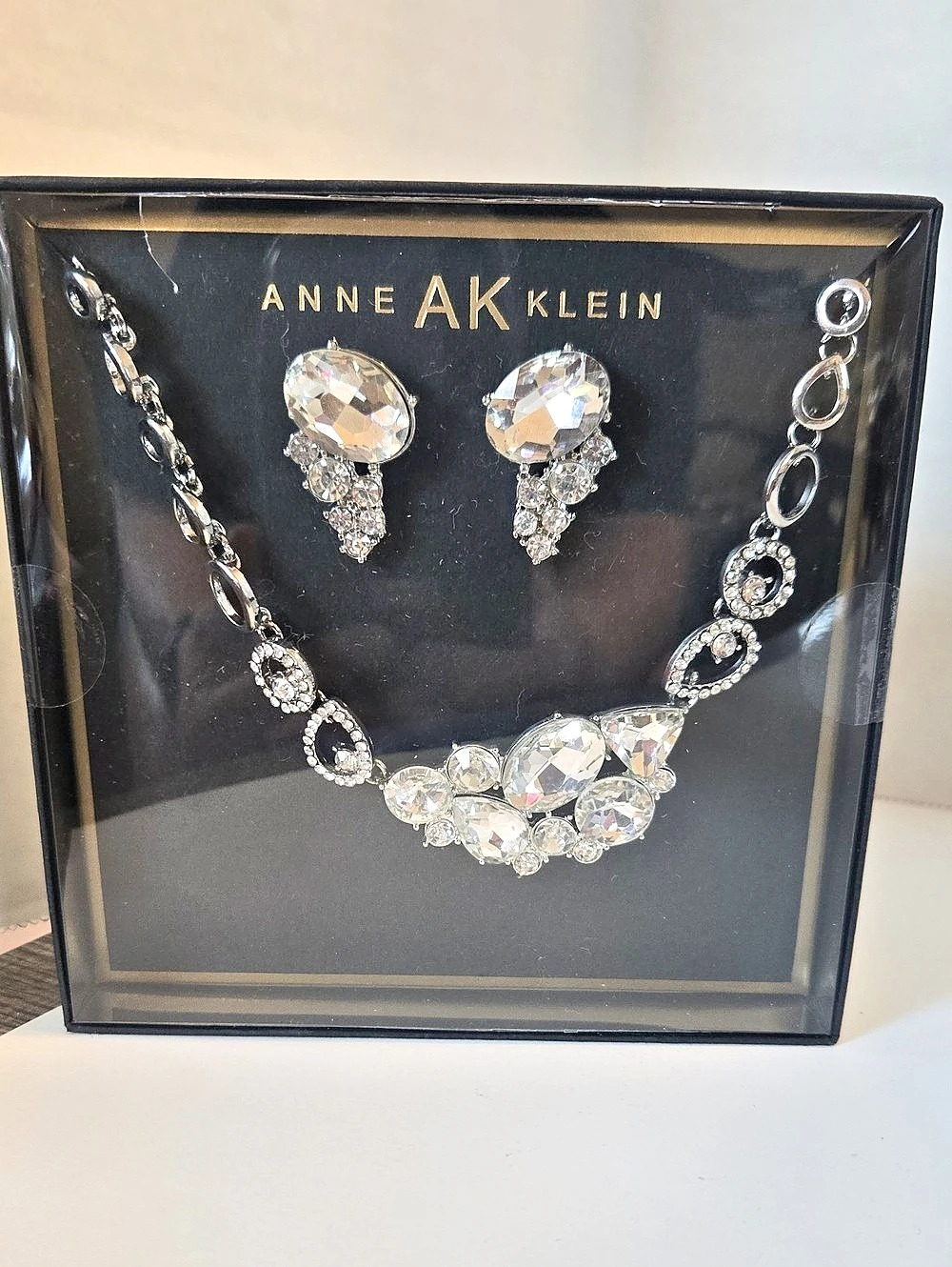 Anne Klein Rhinestone Necklace & Earrings Set in Silver